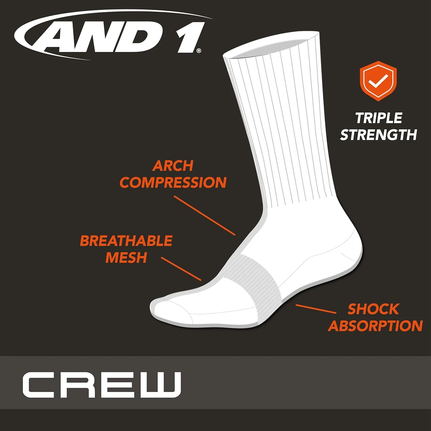AND1 Mens Crew Socks - 12 Pack Moisture Wicking Cushioned Performance Breathable Athletic Socks for Men (Sizes: 6-12.5)