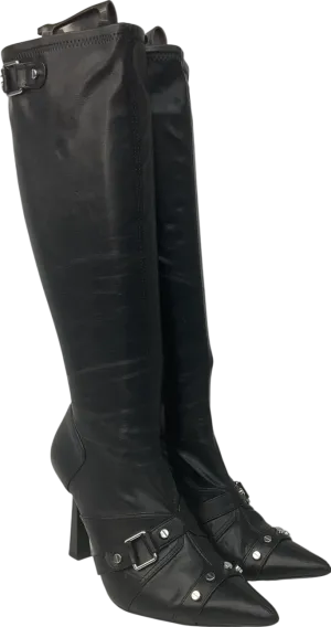 ASOS Black Pointed Knee High Boots With Stud And Buckle Detail UK 6 EU 39 👠