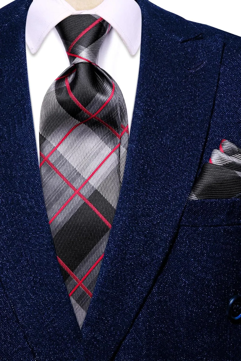 Hi-Tie Mens Plaid Ties Classic Paisley Necktie with Handkerchief Cufflinks Set Business Stripe Tie
