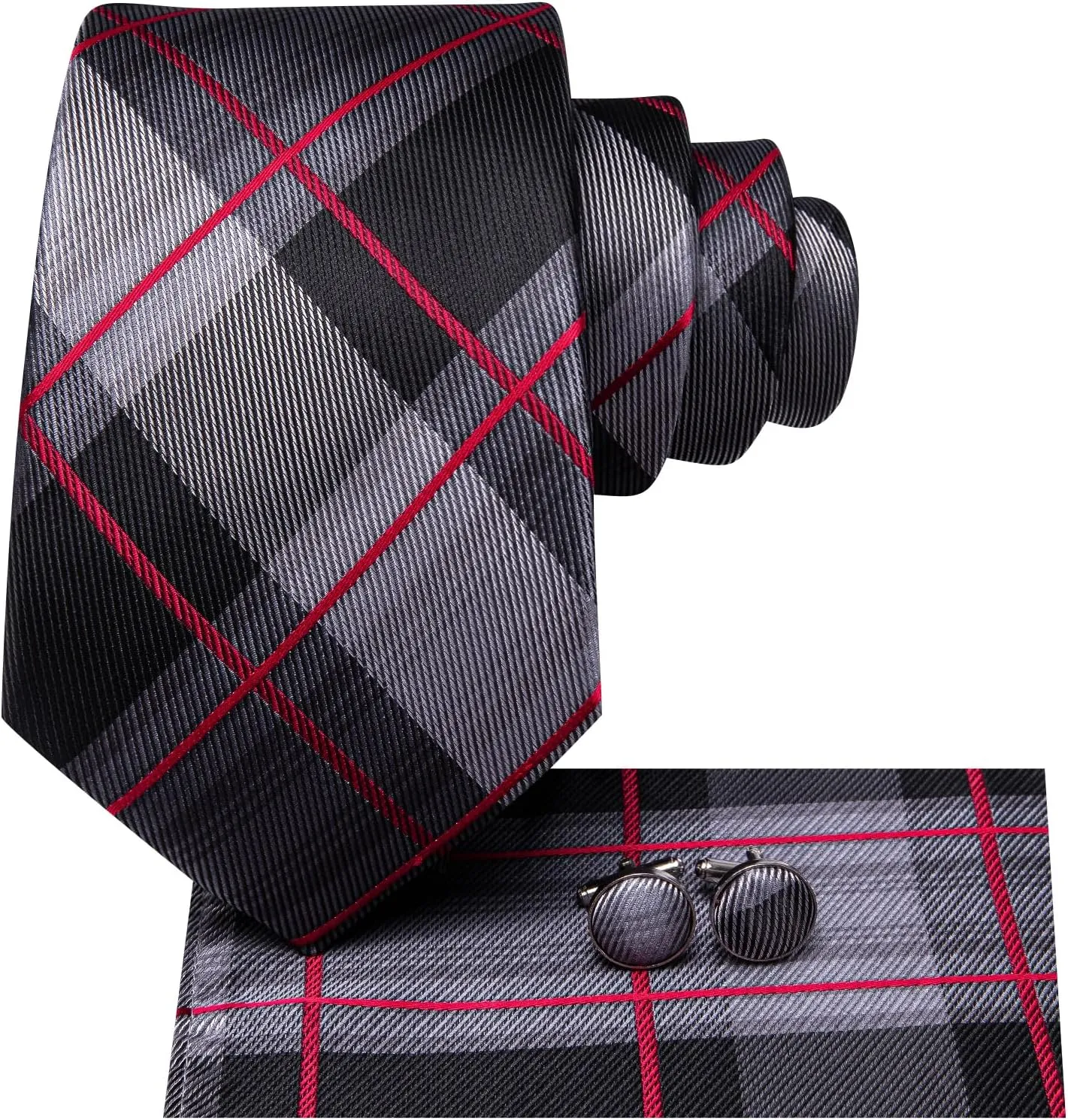 Hi-Tie Mens Plaid Ties Classic Paisley Necktie with Handkerchief Cufflinks Set Business Stripe Tie