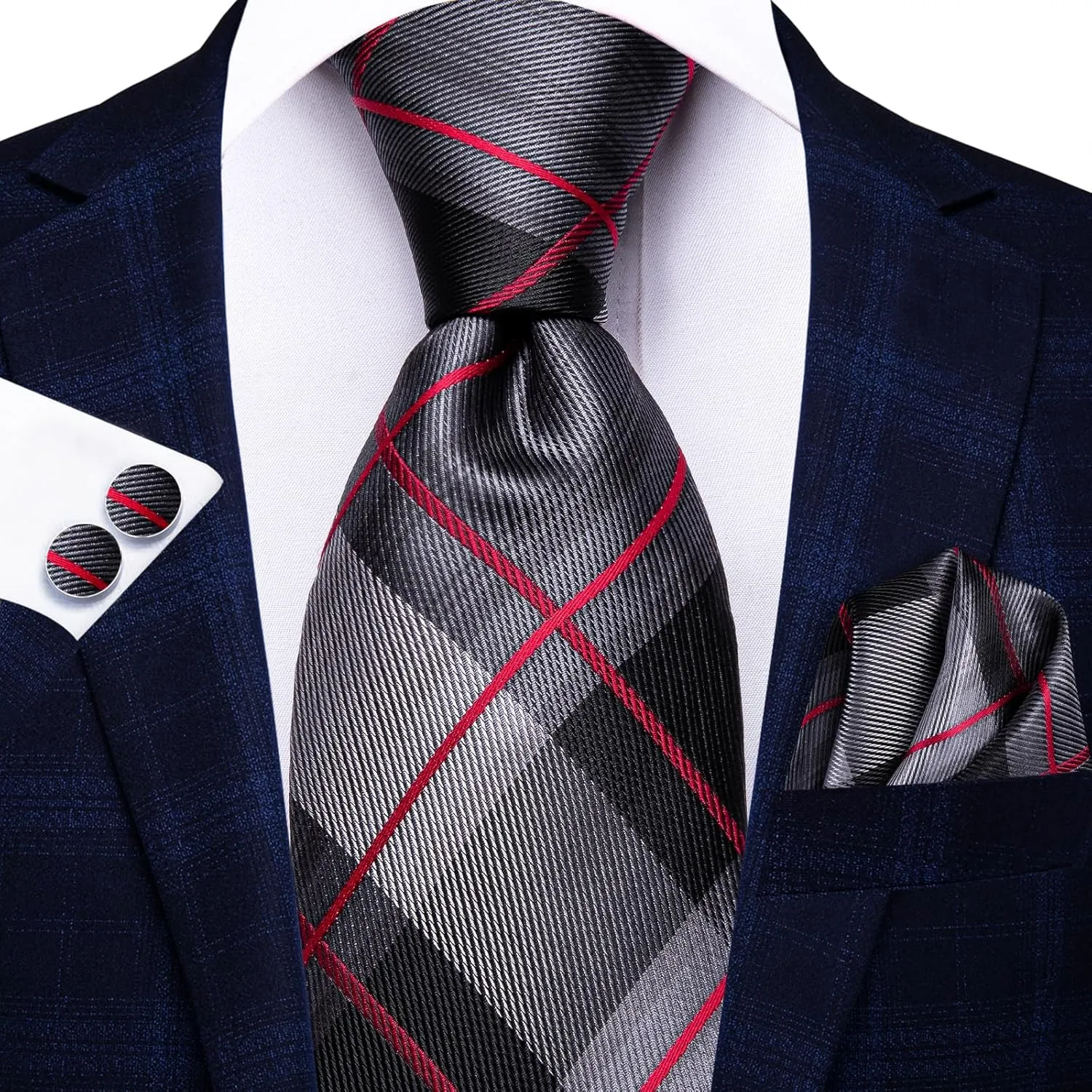 Hi-Tie Mens Plaid Ties Classic Paisley Necktie with Handkerchief Cufflinks Set Business Stripe Tie