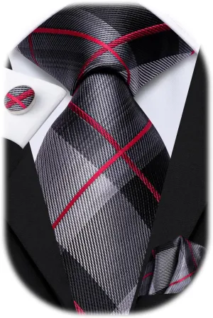 Hi-Tie Mens Plaid Ties Classic Paisley Necktie with Handkerchief Cufflinks Set Business Stripe Tie