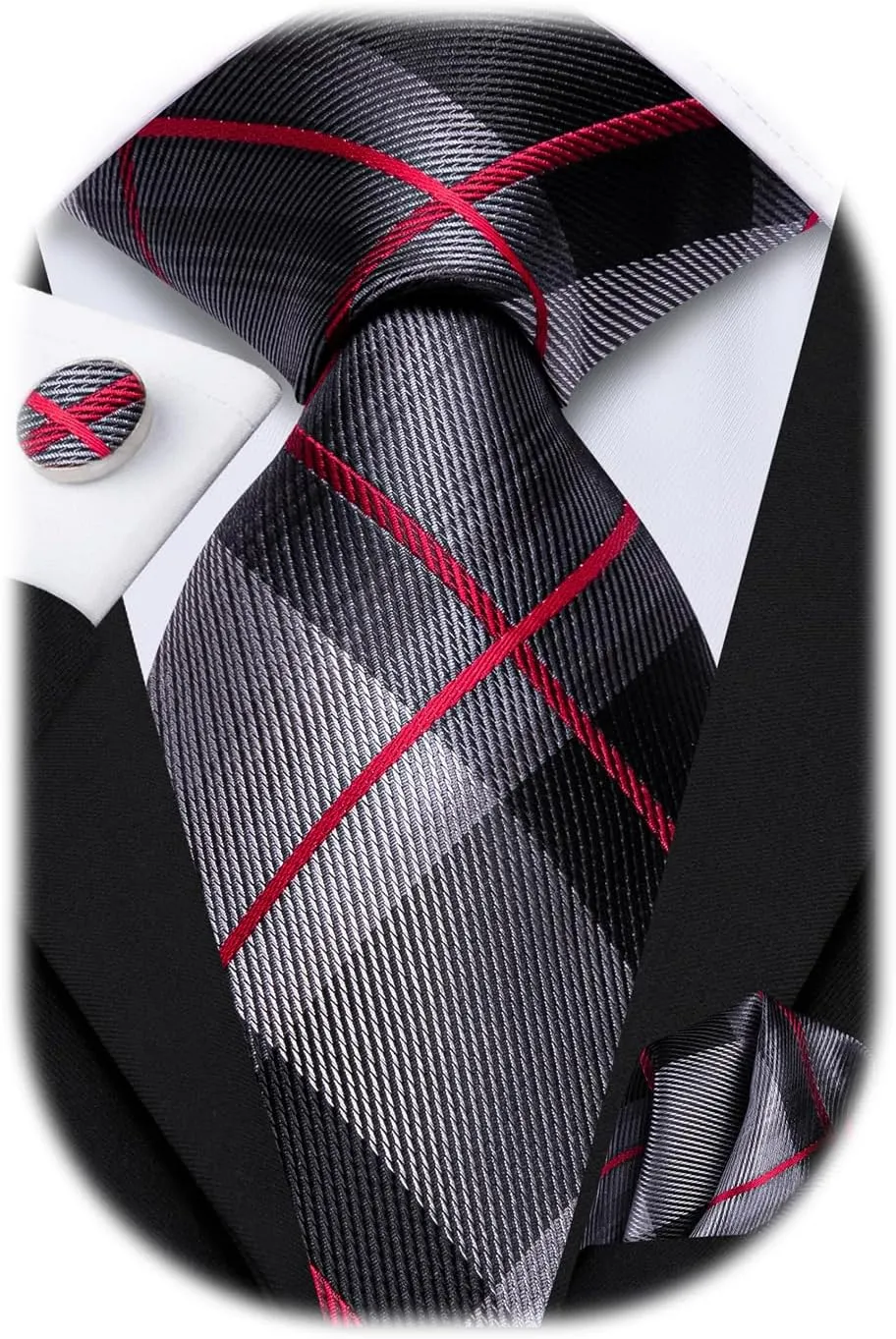 Hi-Tie Mens Plaid Ties Classic Paisley Necktie with Handkerchief Cufflinks Set Business Stripe Tie