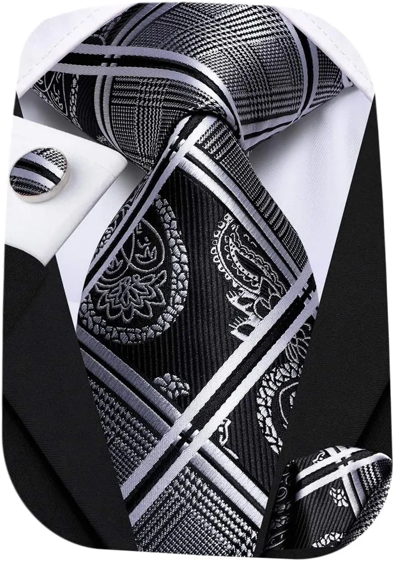 Hi-Tie Mens Plaid Ties Classic Paisley Necktie with Handkerchief Cufflinks Set Business Stripe Tie