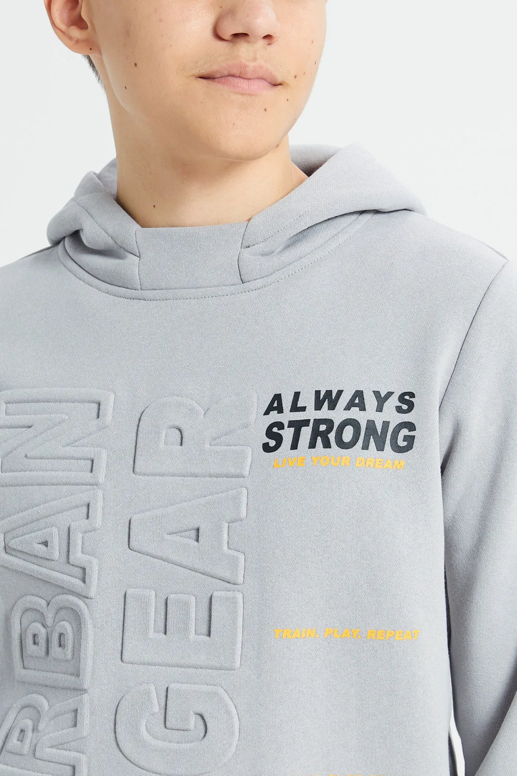 Senior Boys Grey Embossed Hooded Sweatshirt
