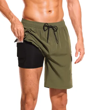 SILKWORLD Men's Swim Trunks with Compression Liner Quick Dry Bathing Suits 9 Inch Swimming Shorts with Cargo Pockets