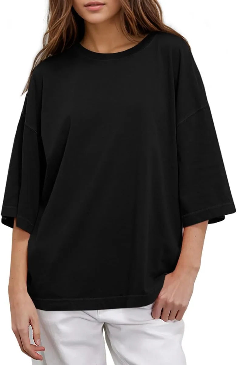 UNCLECAT Womens Oversized T Shirts Summer Trendy 3/4 Sleeve Tops Crew Neck Loose Fit Workout Tee Clothes